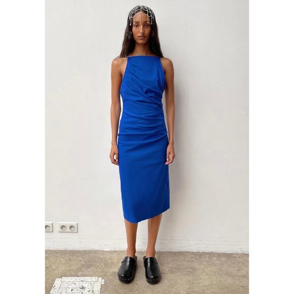 New Zara Cobalt Blue Fitted Midi Dress Linen Square Neck Low Back XL Extra Large - Picture 1 of 9